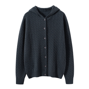 Cardigan en cachemire tricot&eacute; torsad&eacute; pour femme avec capuche