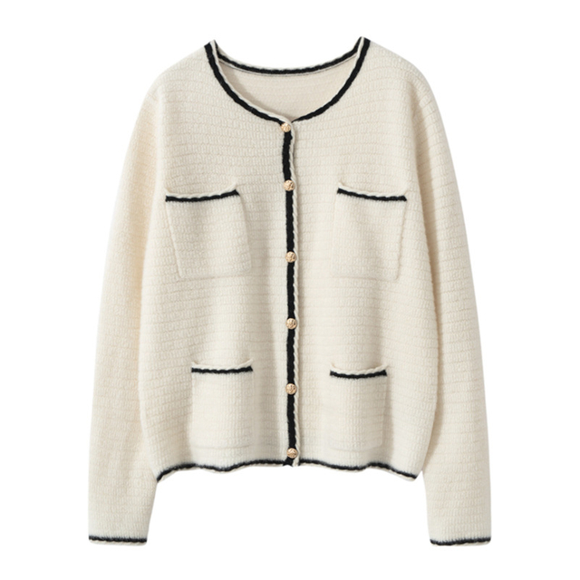 Mga Pambabaeng Contrast Trim na Front Pocket Cashmere Cardigan Sweater na May Mga Button