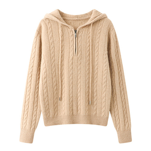 Wanita terbaik imfield cashmere blend sweater hoodies kabel rajutan 