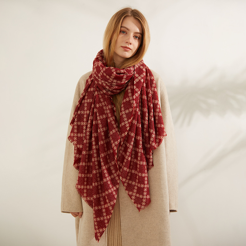 ผ้าพันคอขนสัตว์ลายสก๊อตขนาดใหญ่ของผู้หญิง Shawls พันด้วยด้ายสีเงิน