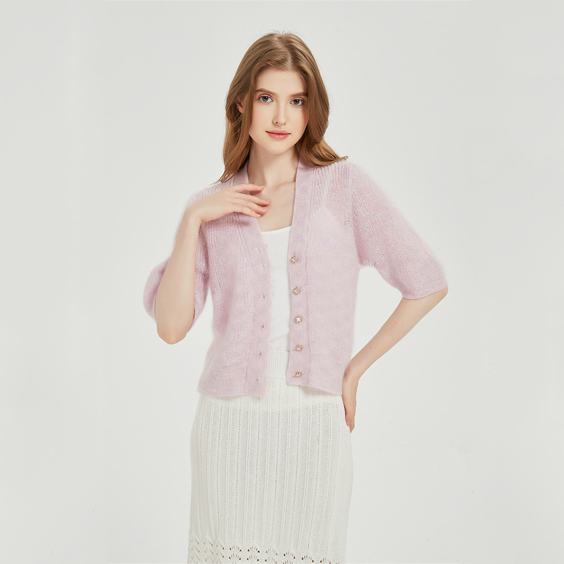 Mohair V คอพัฟเสื้อสเวตเตอร์เสื้อคลุมเสื้อสั้นสำหรับผู้หญิง