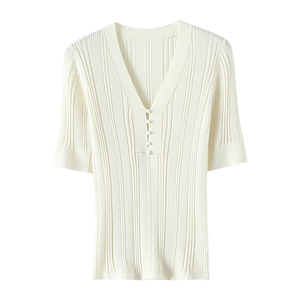ເສື້ອຍືດໄຫມທໍາມະດາ Wools ປະກອບ cashmere v-steck ເສື້ອຍືດສໍາລັບຜູ້ຍິງ