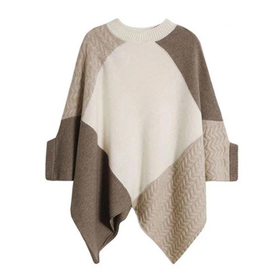  Kabelstrickkaschmir Crew Neck Poncho
