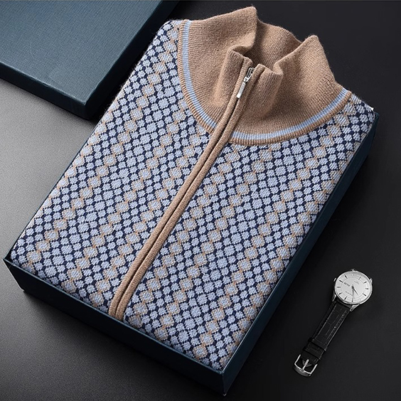 Halv lynl&aring;s strikket Jacquard Cashmere sweater til m&aelig;nd – Luksus bl&oslash;d varm lynl&aring;s tr&oslash;je