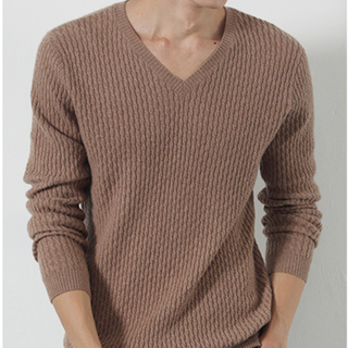 Men Cable Knitted V Neck Cashmere Sweater