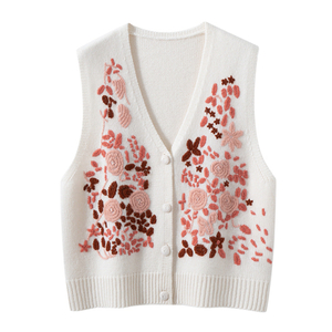 Naisten kukkakirjonta kashmir Neulottu v-p&auml;&auml;ntie pusero liivi neuletakki