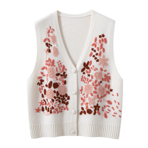 महिलाओं की पुष्प कढ़ाई कश्मीरी बुना हुआ वी गर्दन स्वेटर बनियान कार्डिगन