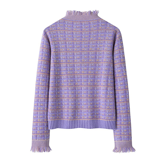 Cardigan di lusso in cashmere lilla con frange - Maglione da donna con bottoni sul davanti in maglia morbida