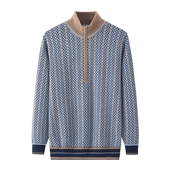 Halv lynl&aring;s strikket Jacquard Cashmere sweater til m&aelig;nd – Luksus bl&oslash;d varm lynl&aring;s tr&oslash;je