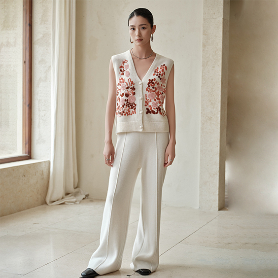 महिलाओं की पुष्प कढ़ाई कश्मीरी बुना हुआ वी गर्दन स्वेटर बनियान कार्डिगन