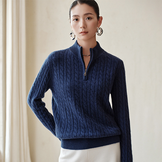 Cable-Knit Quarter Zip ແຂນຍາວ Cashmere Sweater ແມ່ຍິງ