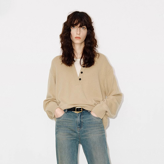 Maglione Henley lavorato a maglia di cashmere da donna, morbido e lussuoso maglione con scollo a V