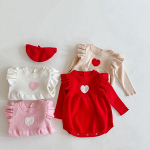 Manufacturers Latest Heart Pattern Knitted Baby Sweater Romper 100 Cotton Pullover Plain Organic Cotton Knit Baby Romper